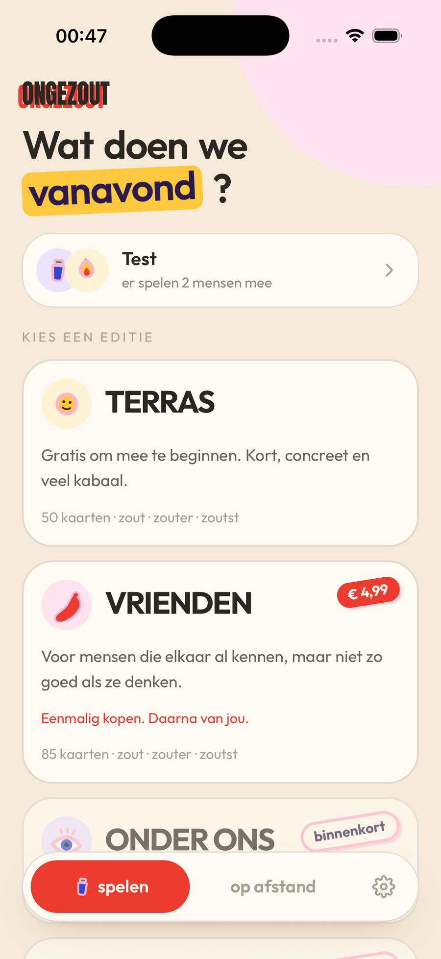 Het beginscherm van Ongezout, met de edities Terras en Vrienden
